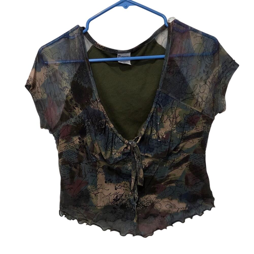 No Boundaries Abstract Sheer Mesh Tie-Front Y2K Blouse Crop Top Size Medium 8-10
